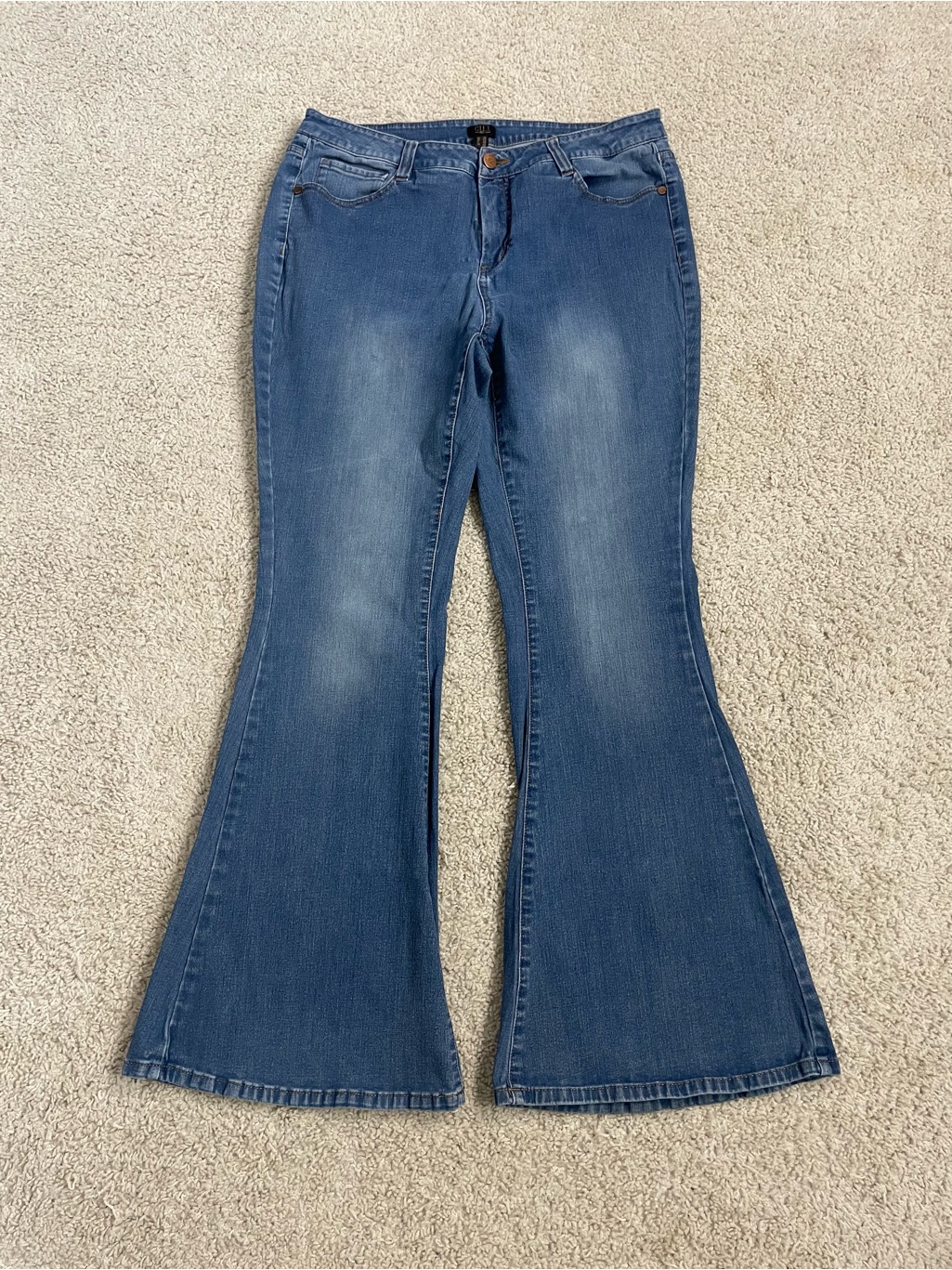 Womens GILI Medium Indigo Blue Super Flare Stretch Denim Bell Bottom Jeans
